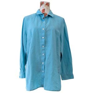 Tommy Bahama Sz L Shirt Women's Turquoise Blue 100% Linen Long Sleeve Button Up